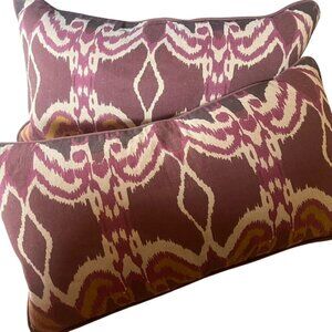 Villa Ikat Lumbar Pillows (2) 24"x12" Jute/Flax/Cotton Plum Zipper Exotic India